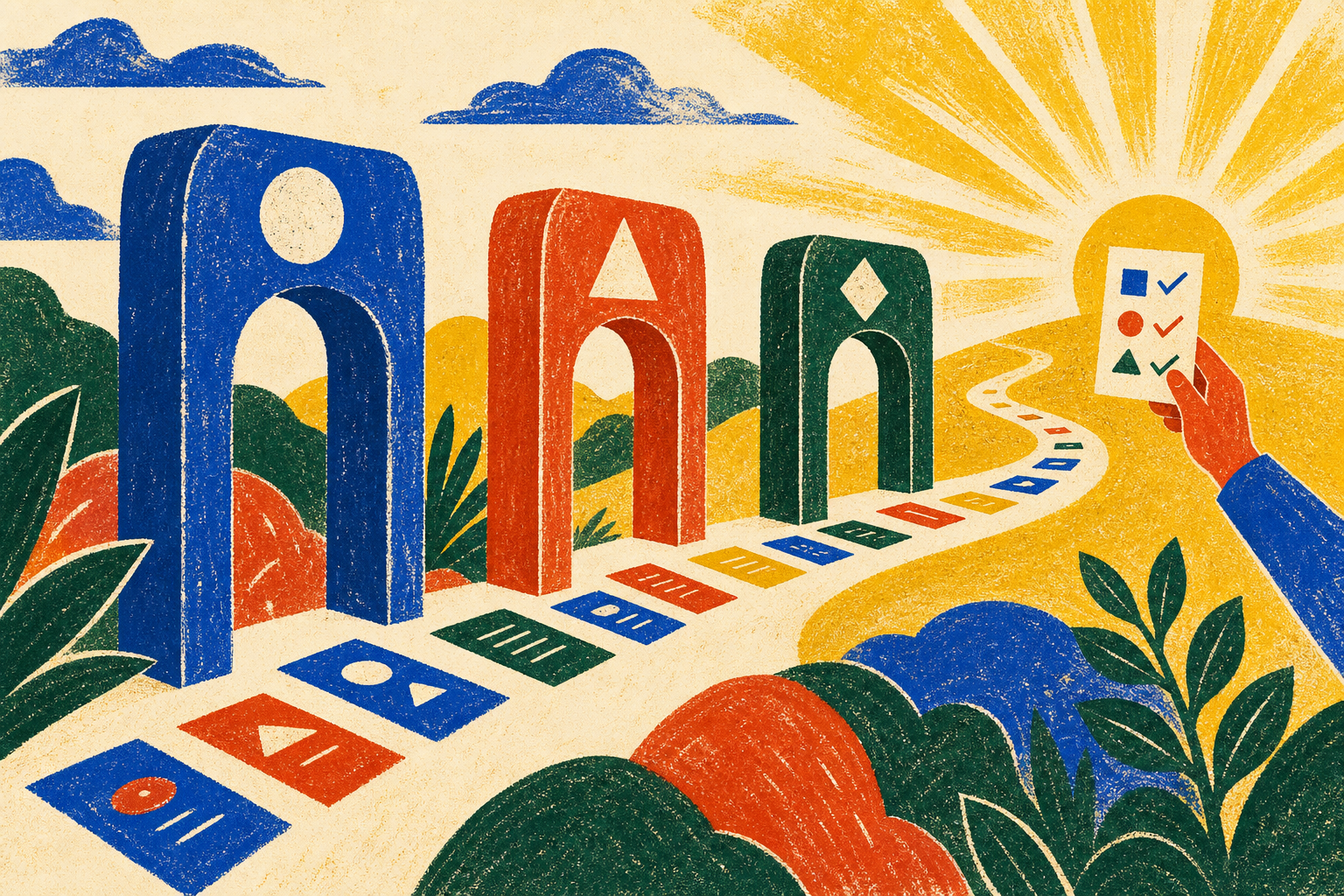 Editorial illustration: a bright paper workflow passing three clear verification gates, with no text, logos or watermark