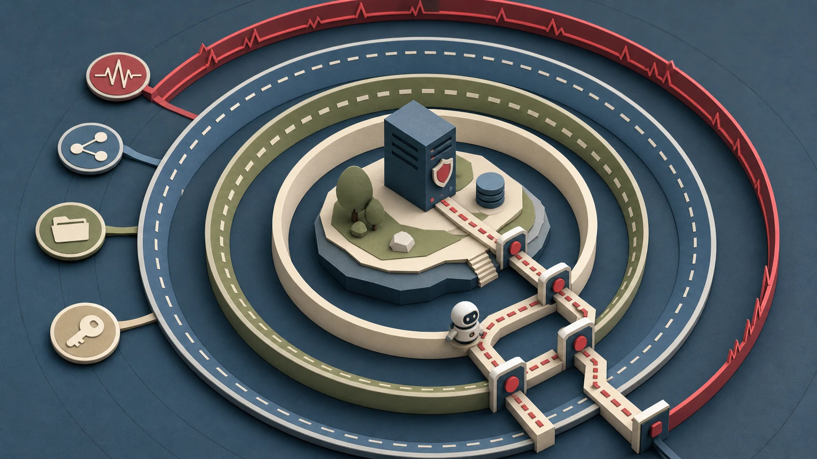 Isometric paper illustration of an agent route through identity, file, network and telemetry boundaries