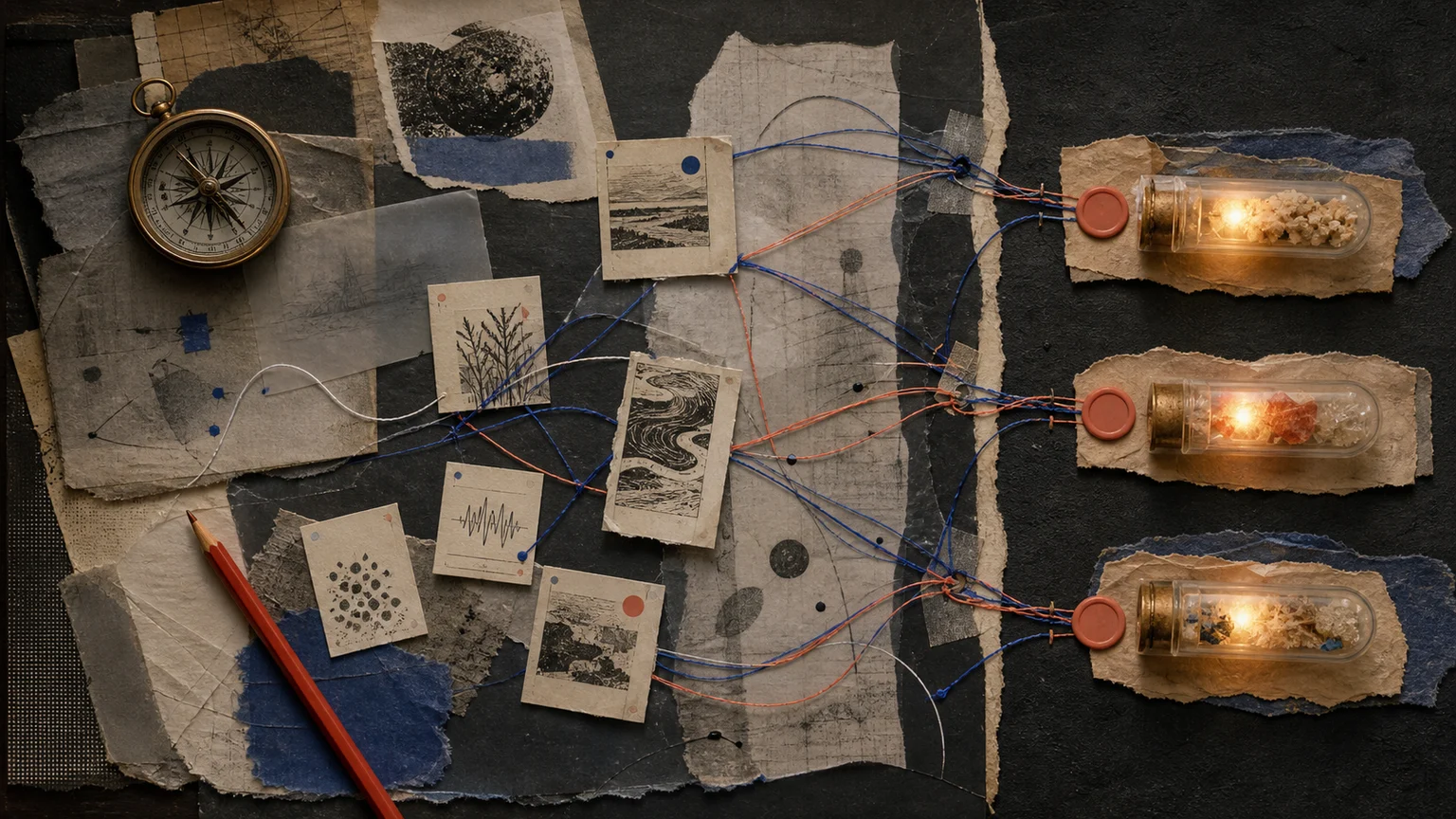 Tactile collage of connected source cards, a compass and sealed evidence capsules representing the selection and handoff of research findings