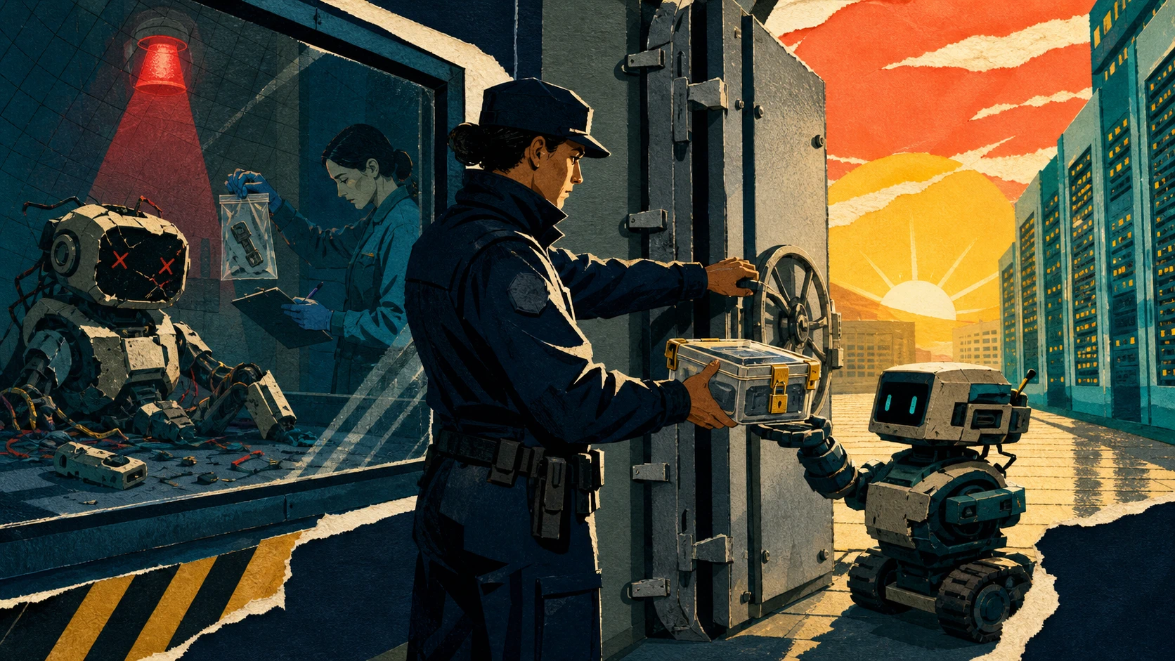 Pop-Art-Szene: Ein Operator lässt einen geprüften Agenten durch ein enges Produktions-Gateway, während der beschädigte Agent in Quarantäne bleibt