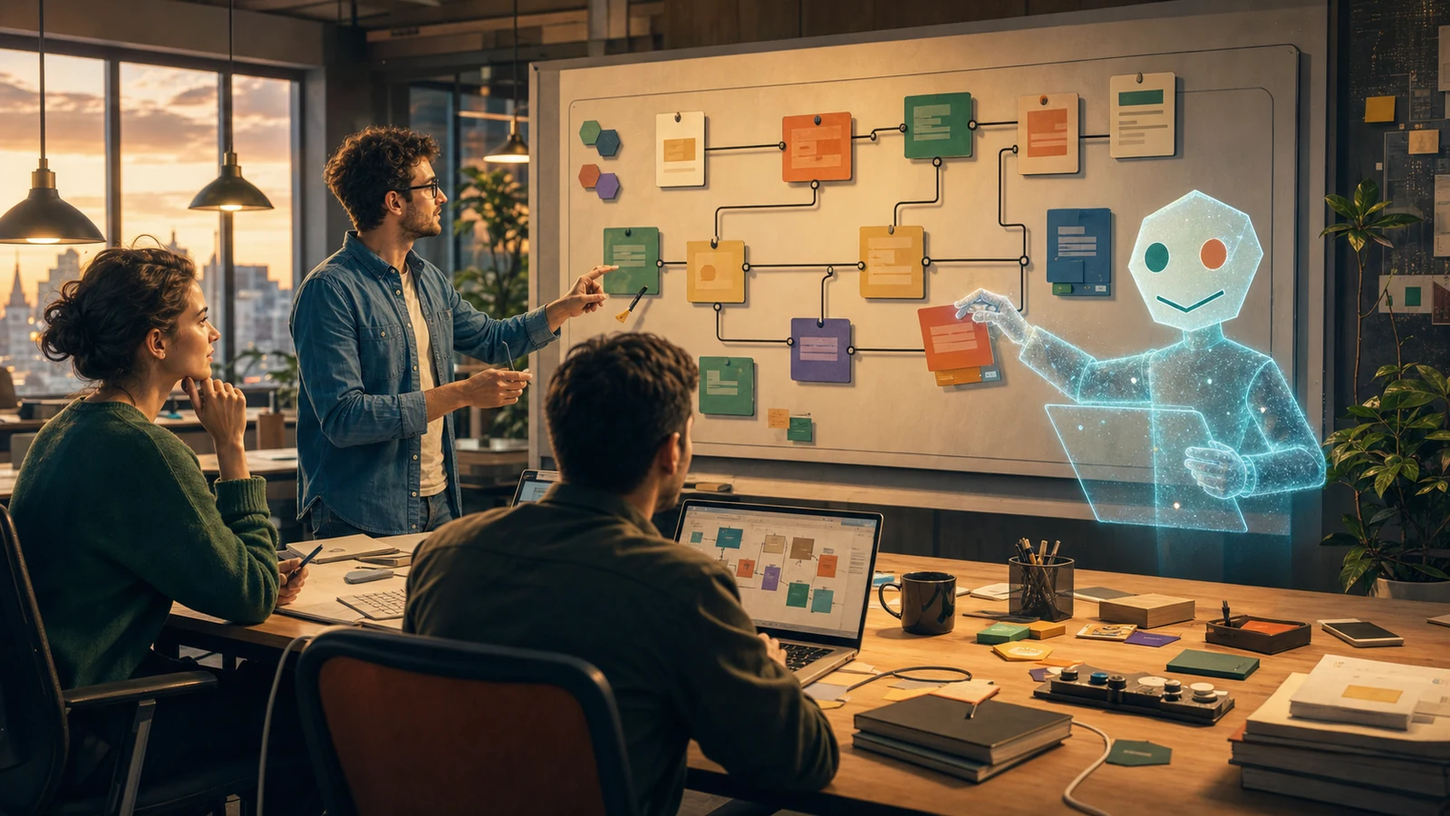 Editorial WebP scene: a team plans workflow automation with an AI agent, task cards and approval points
