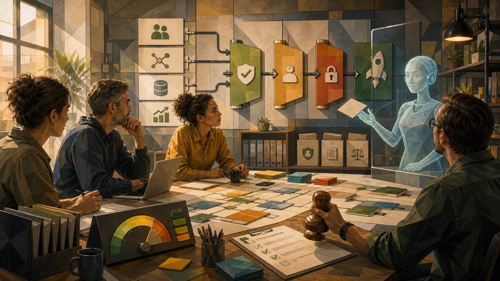 Editorial WebP scene: guardrails, cost control and human approval before launching an automation