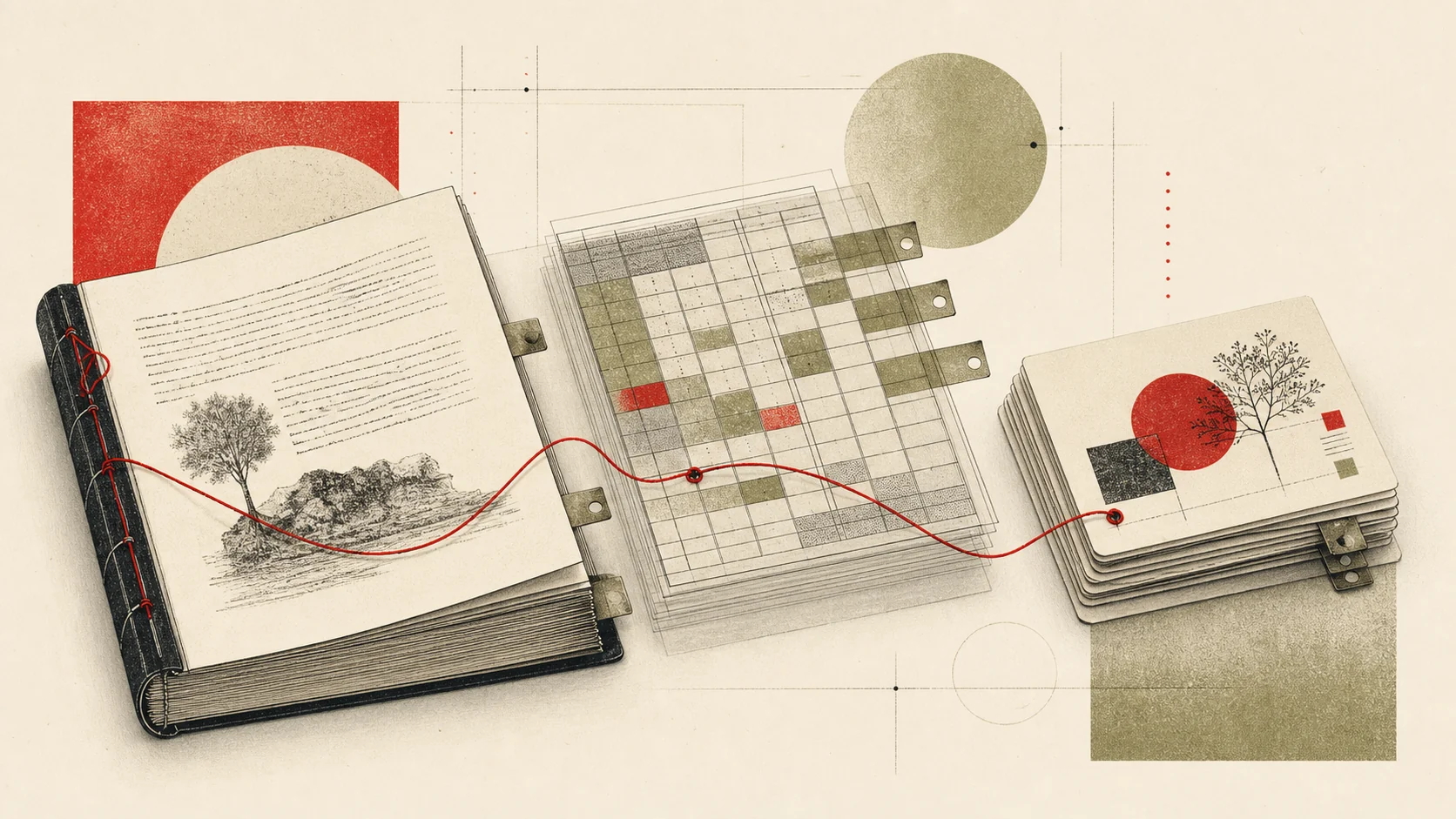 Three physical document systems connected by a red control thread
