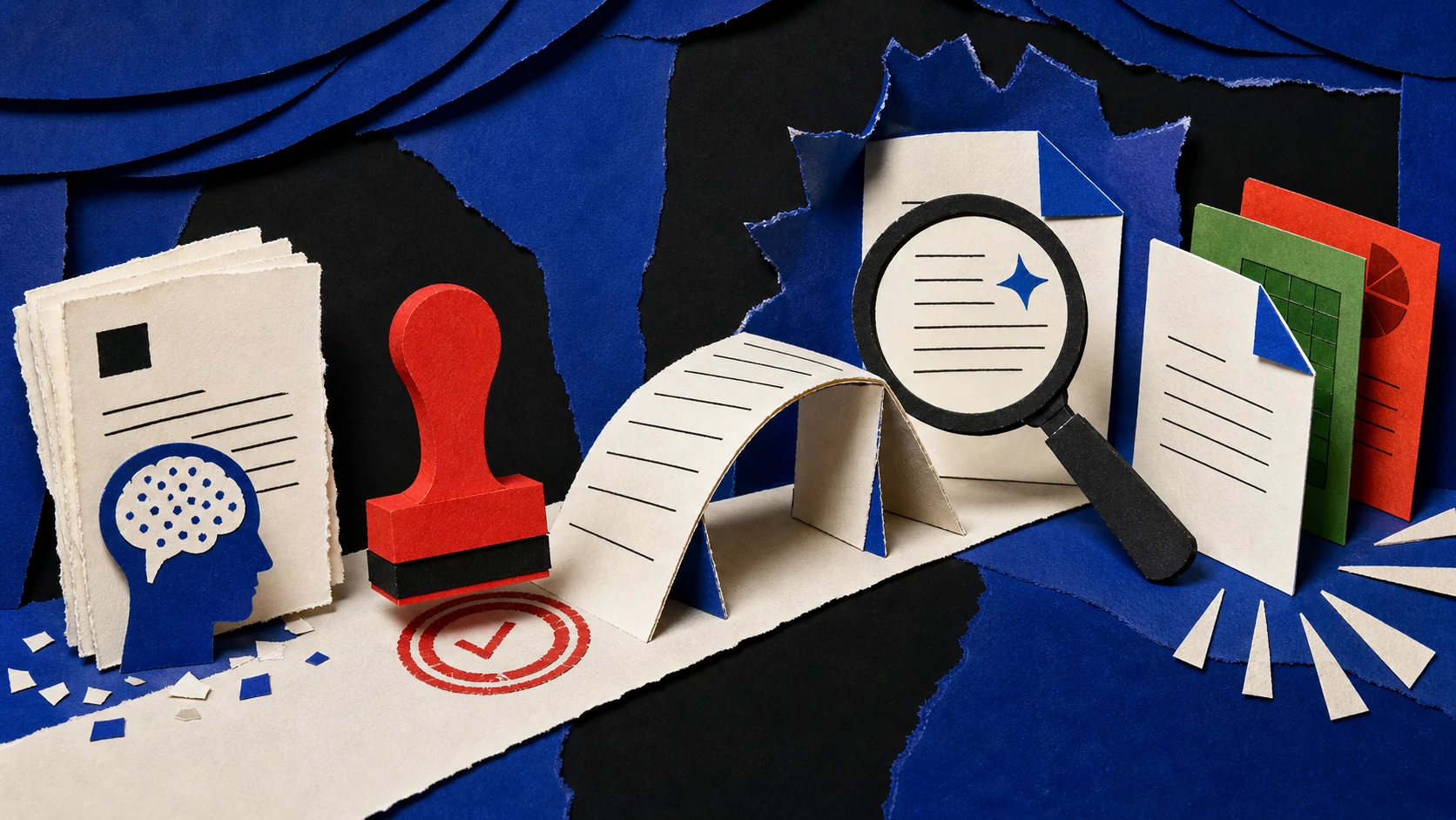 A paper bridge, approval mark and magnifying glass showing a controlled path from draft to approved file