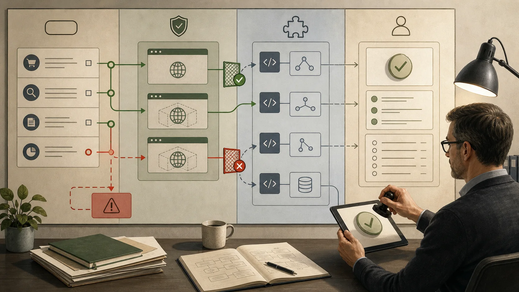 Ein Governance-Workflow trennt Aufgabe, Browser-Sandbox, WebMCP-Werkzeuge und menschliche Freigabe