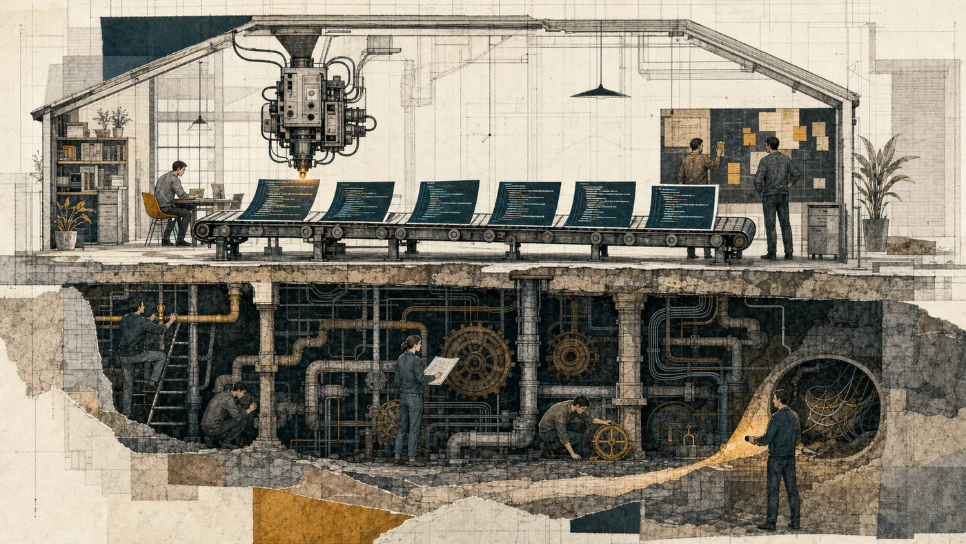 A software team inspects a fast stream of AI-generated code against architecture, tests and accountability