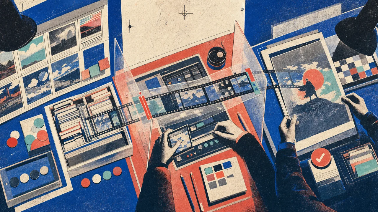 A graphic AI video process with reference material, editing track and approval review in risograph style.
