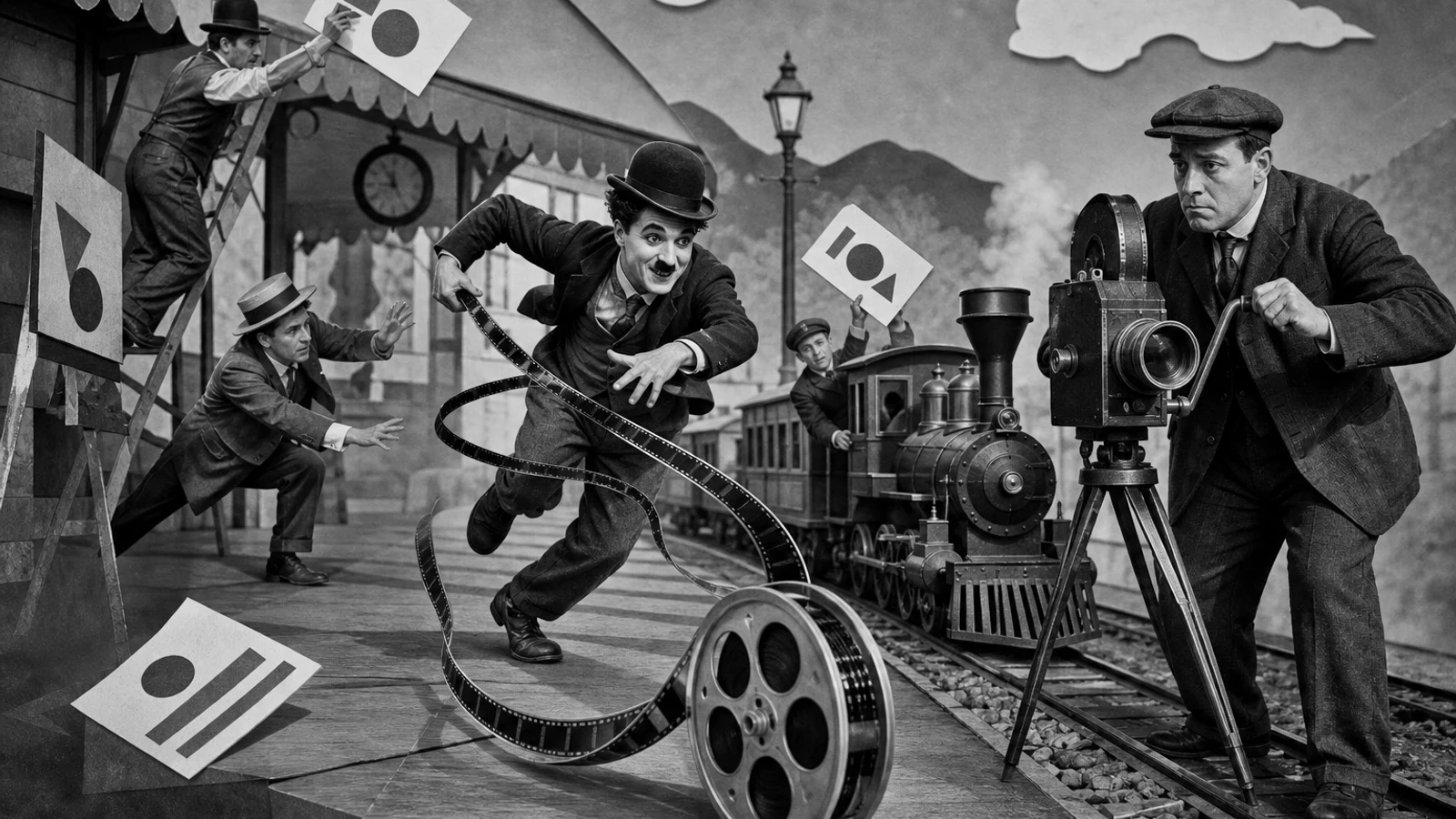 Two silent-film filmmakers keep a moving production between idea, edit and approval on track, an original black-and-white early-cinema editorial illustration.