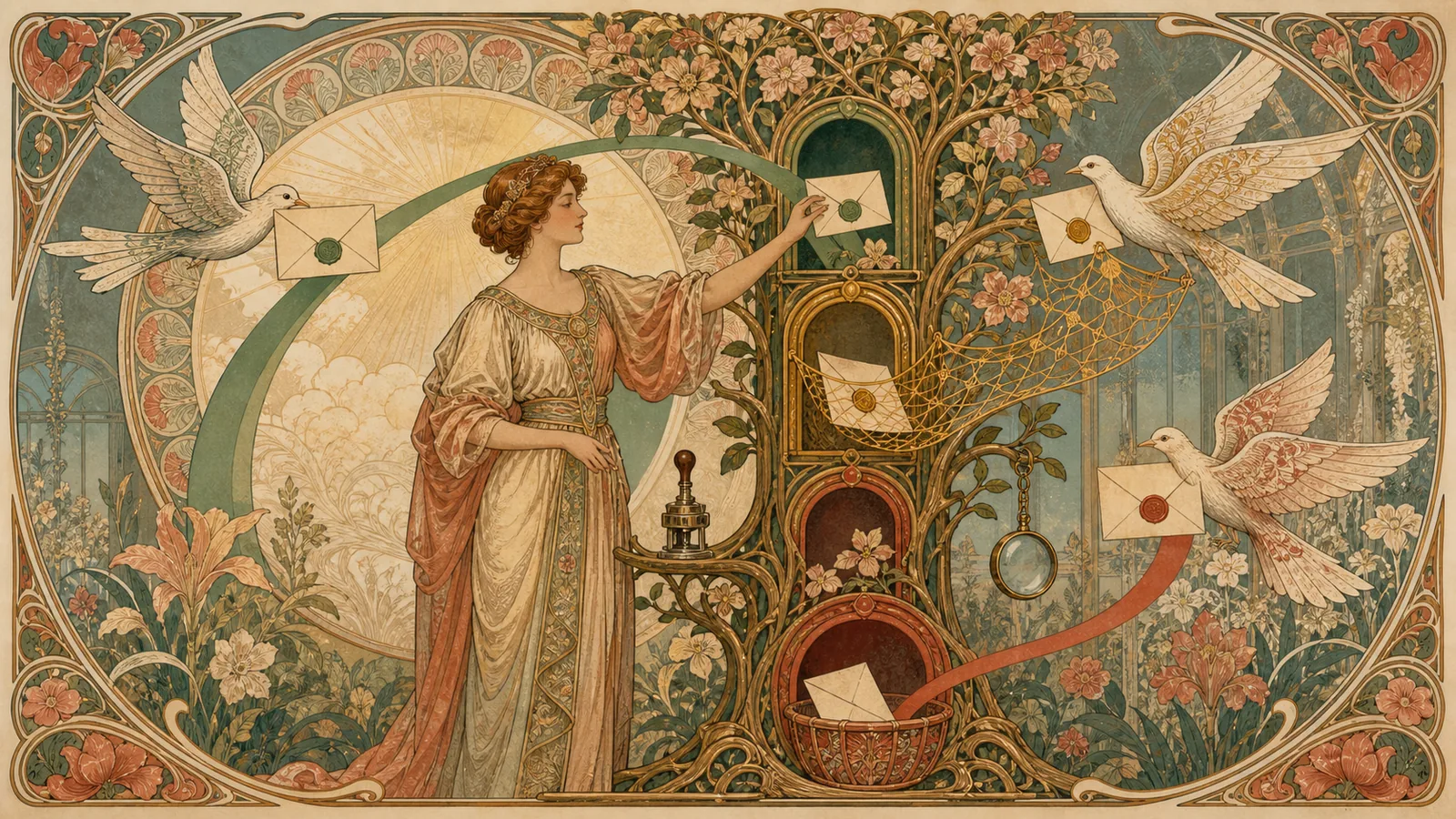 An Art Nouveau scene shows human review, approval and the return path for an invoice that needs correction