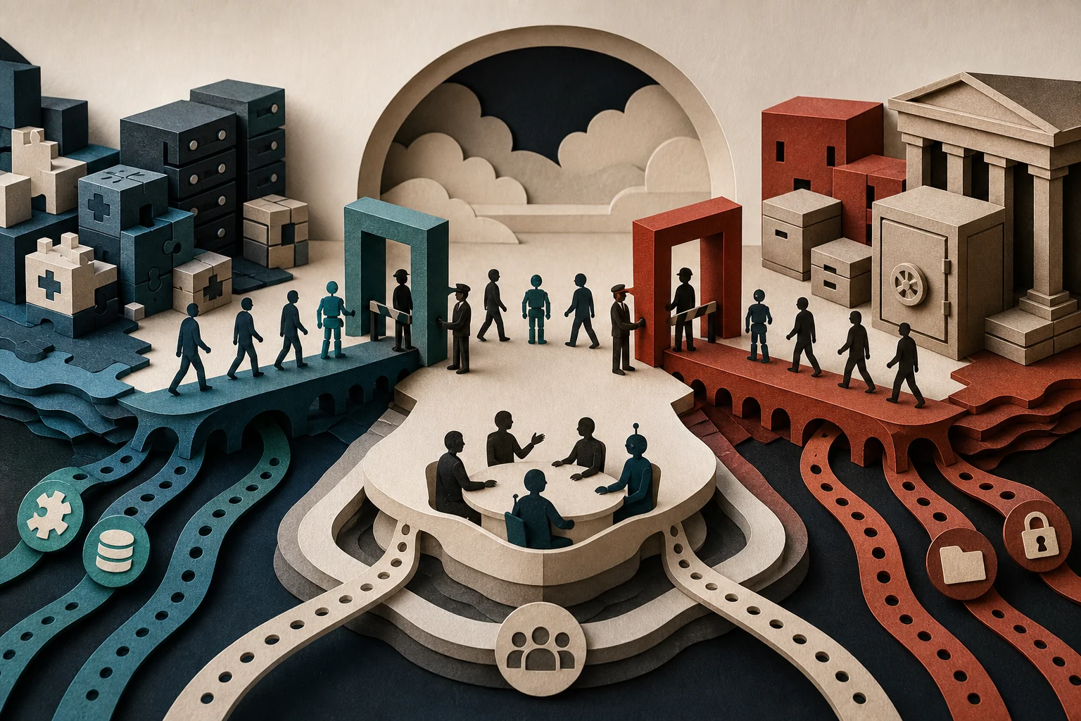 Eine redaktionelle Collage zeigt Menschen und abstrakte Agenten-Symbole auf einem gemeinsamen Kommunikationspfad zwischen Archiv, Stadt und Repository