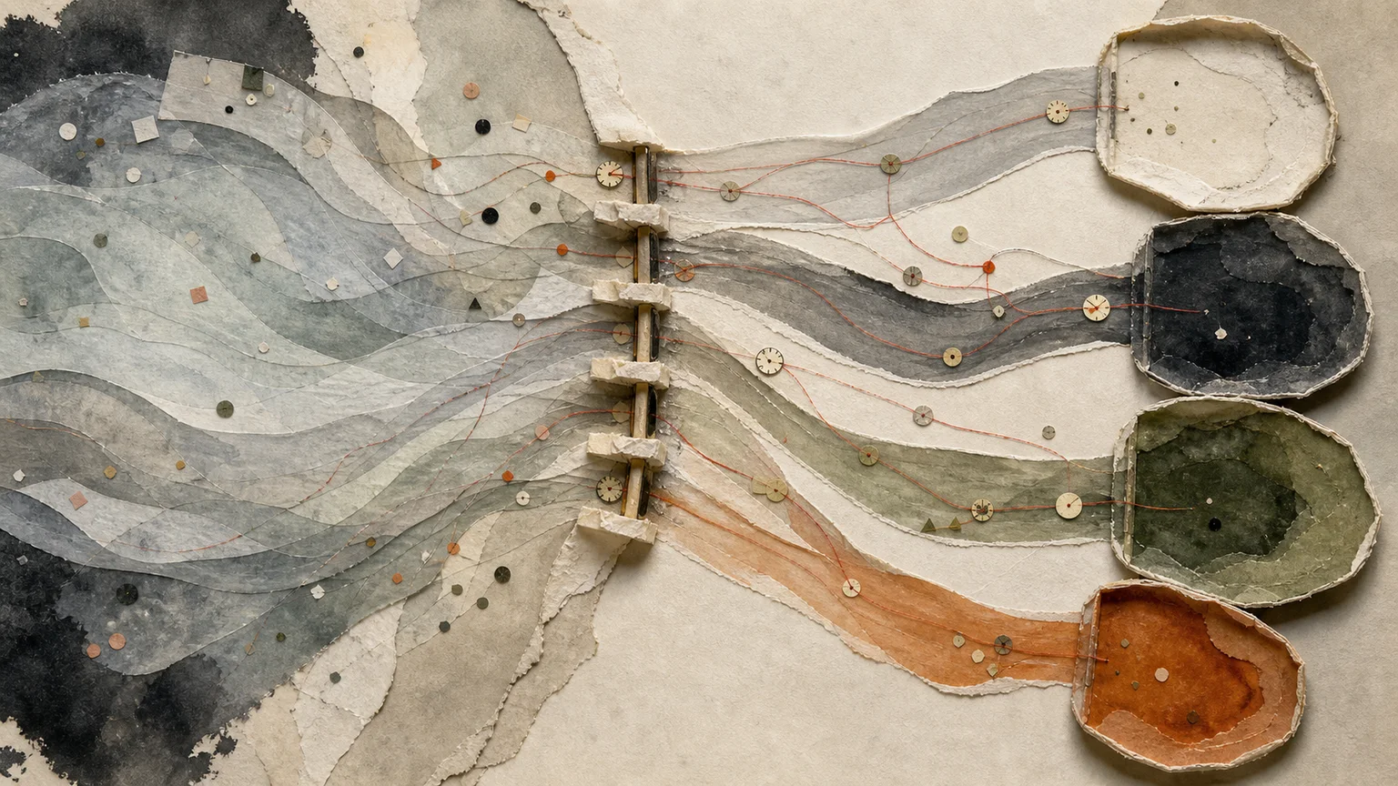 Handmade paper collage of event routes, small time markers and separate receiving pools, representing routing, traceability and controlled handoffs