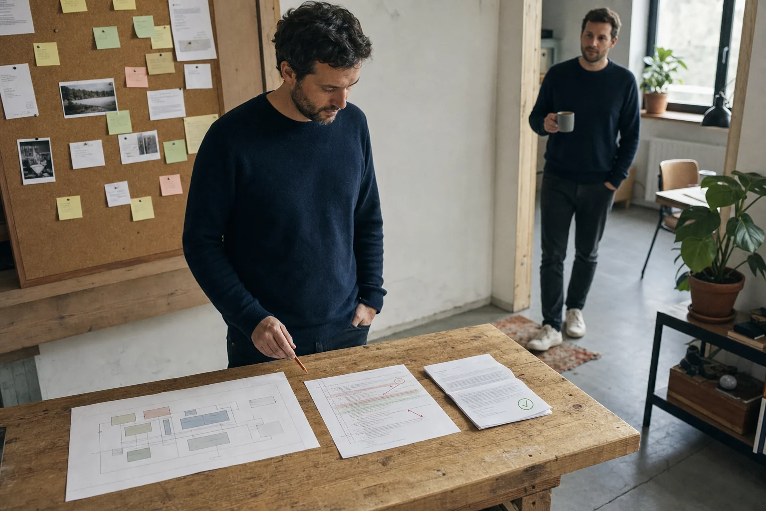Redaktionelle Illustration: ein Entwicklerteam prueft an einem Werkbanktisch getrennte Codeaenderungen und Testberichte