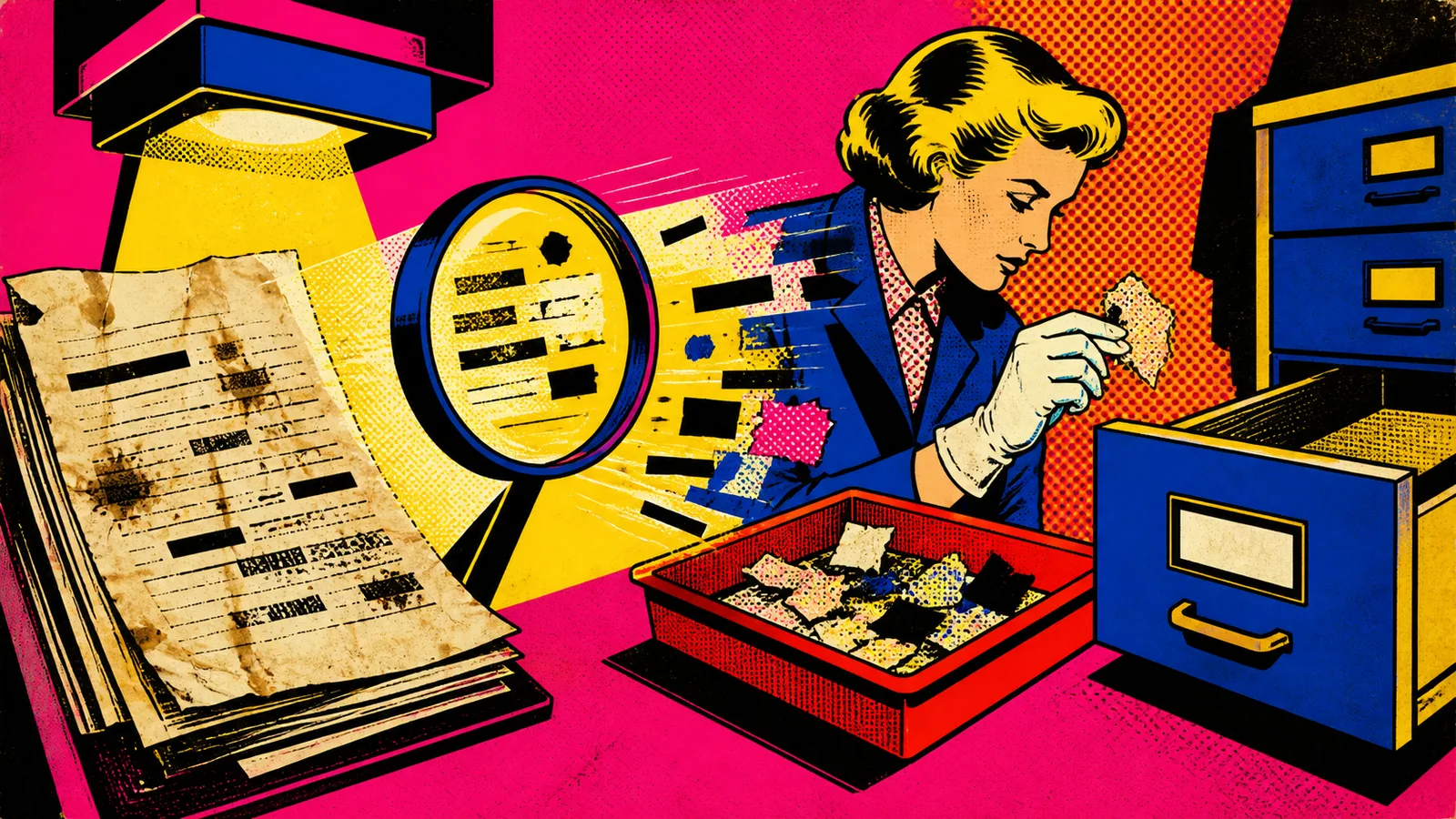 A Pop Art scene shows a local scan becoming a searchable text layer while difficult fragments land in a review tray
