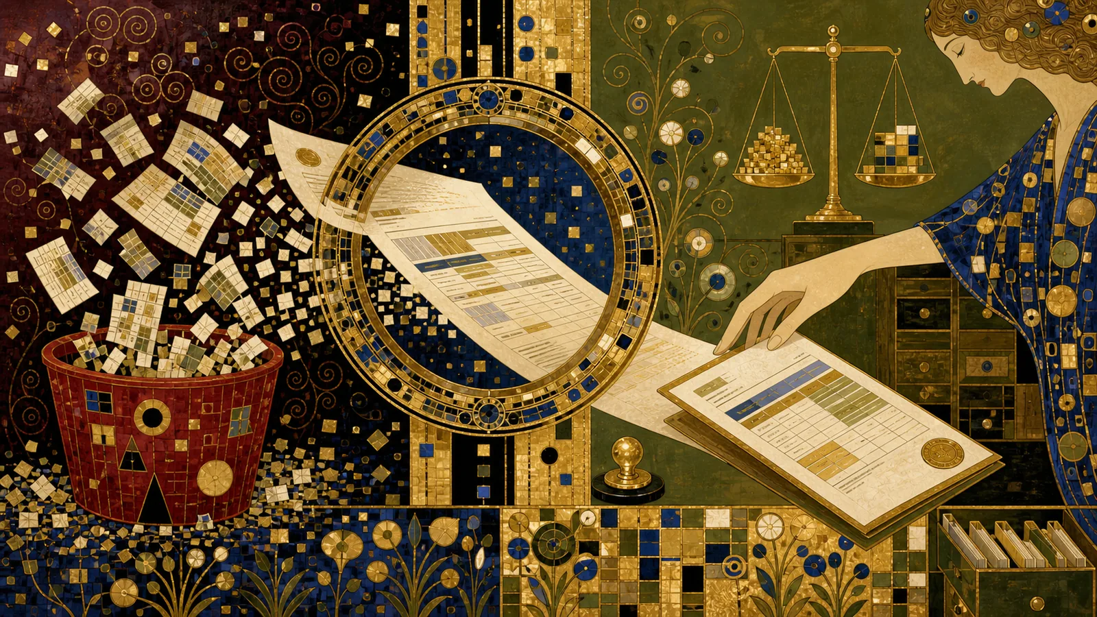 Eine Klimt-inspirierte Szene zeigt den Weg vom Papierchaos über Text, Felder und Prüfung zu einem verlässlichen PDF-Datensatz