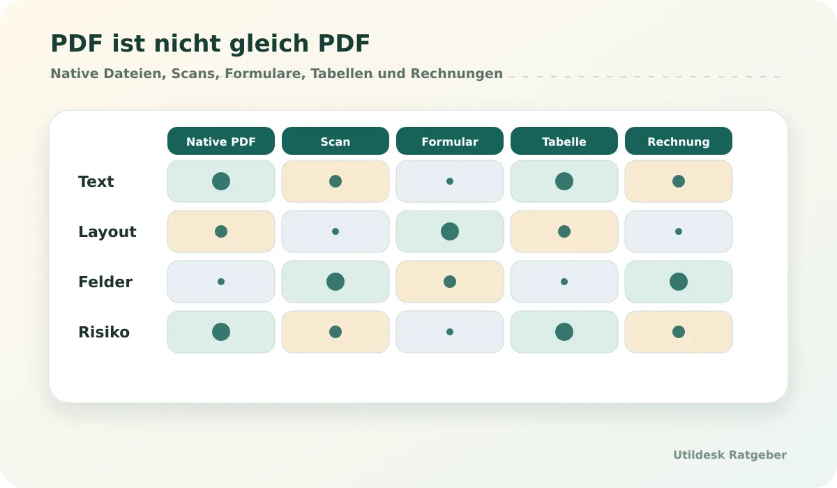 Übersicht über PDF-Typen: natives PDF, Scan, Formular, Tabelle und Rechnung