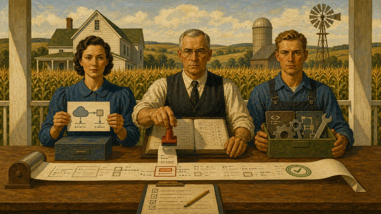 A carefully composed Regionalist scene about choosing between an API, an enterprise platform and a local OCR pipeline