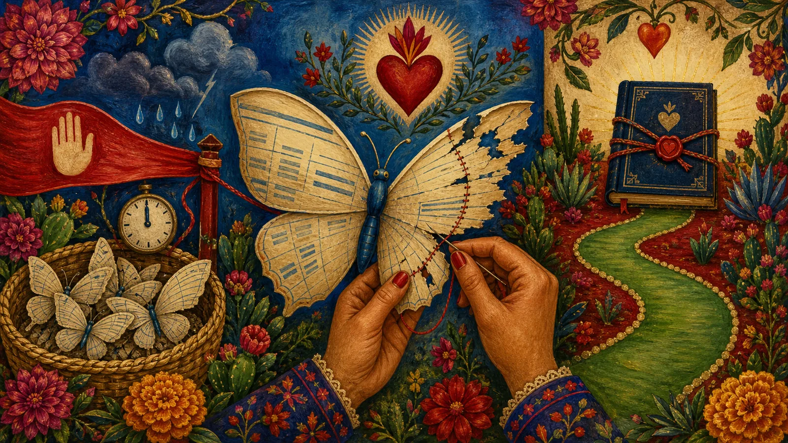 A Frida Kahlo-inspired scene shows a damaged invoice being repaired while duplicates are caught before export