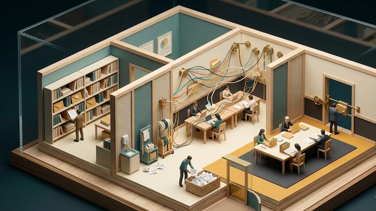 Editorial illustration of a walk-through shared context archive with separate areas for sources, agent state and human approvals