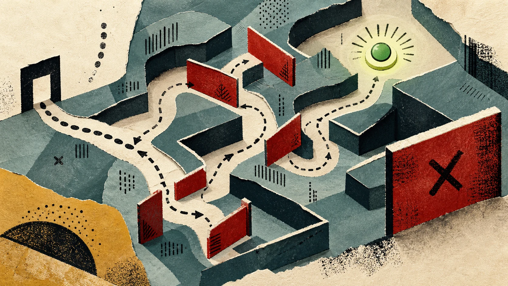 A graphic paper-cut labyrinth shows adaptive test paths, red stop barriers and a clearly marked goal