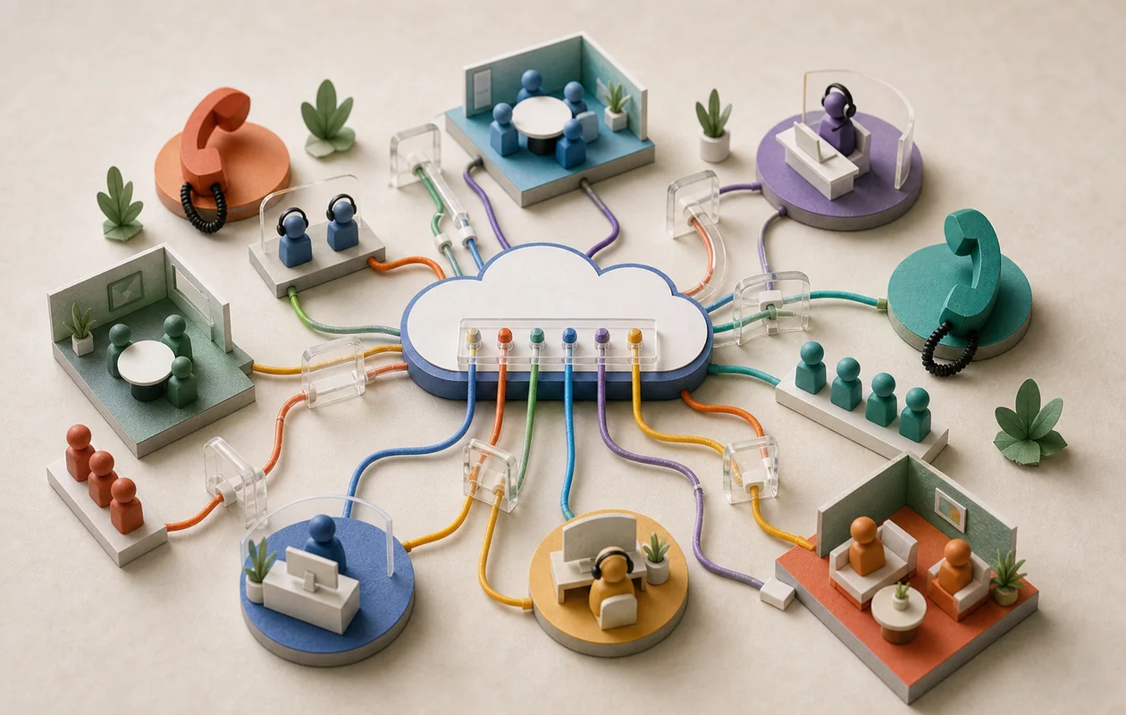 Illustration for 8x8: communication paths run through a central cloud switchboard