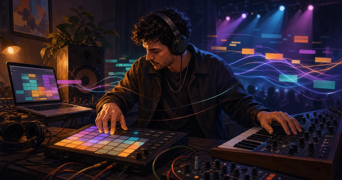 Illustration zu Ableton Live: Produzent arbeitet mit Controller, Synthesizer und abstrakten Loop-Spuren zwischen Studio und Bühne