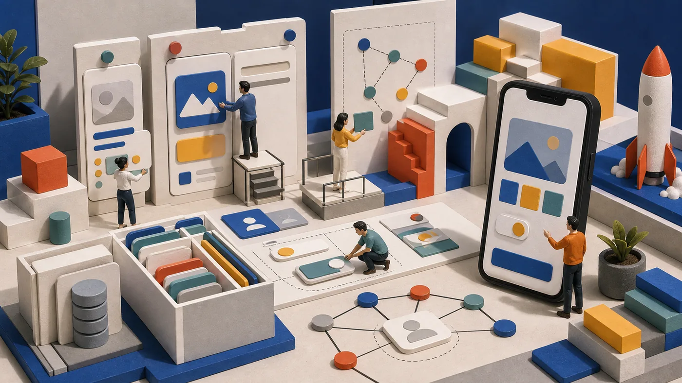 Illustration zu Adalo: No-Code-App aus Modulen, Screens und Bausteinen