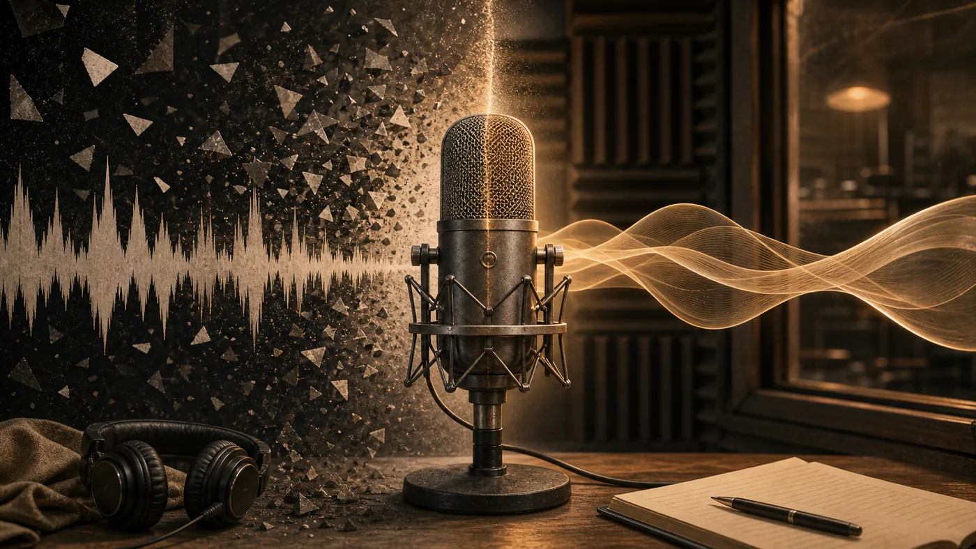 Illustration zu Adobe Enhance Speech: Mikrofon zwischen Rauschen und klarer Sprachwelle