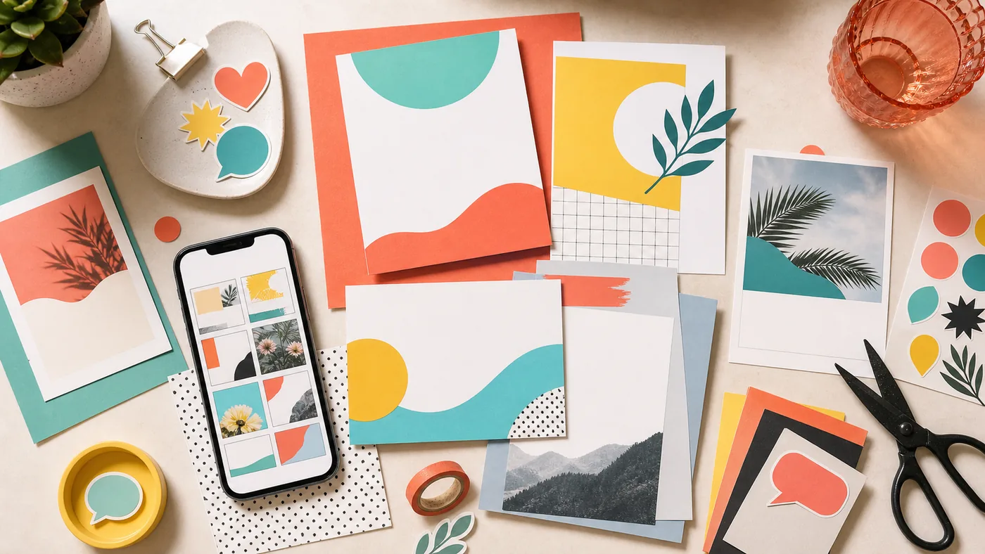 Illustration zu Adobe Express: schnelle Kampagnenkarten, Bildzuschnitte und Farbflächen auf einem Kreativtisch