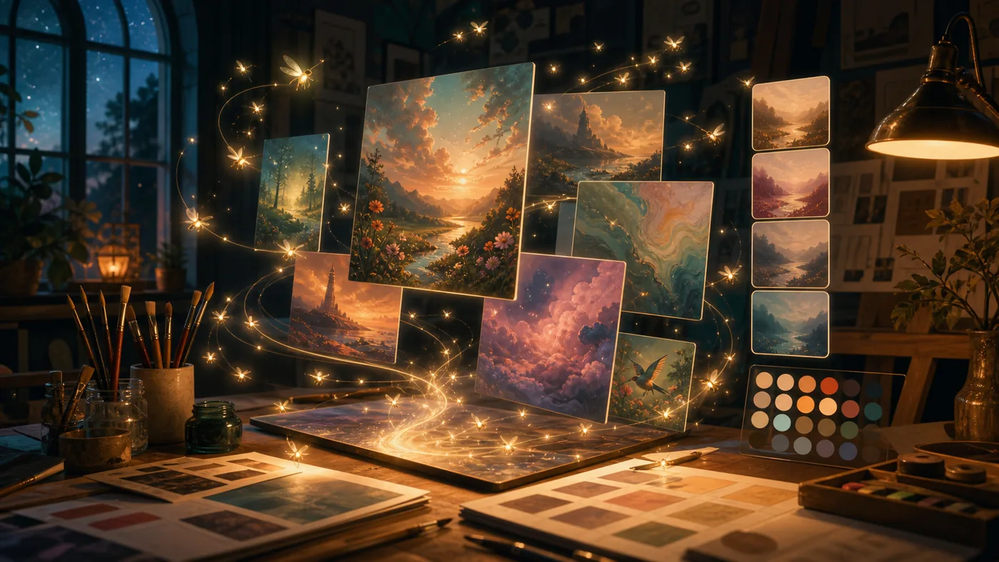 Illustration zu Adobe Firefly: leuchtendes Kreativatelier für Bildideen und visuelle Varianten