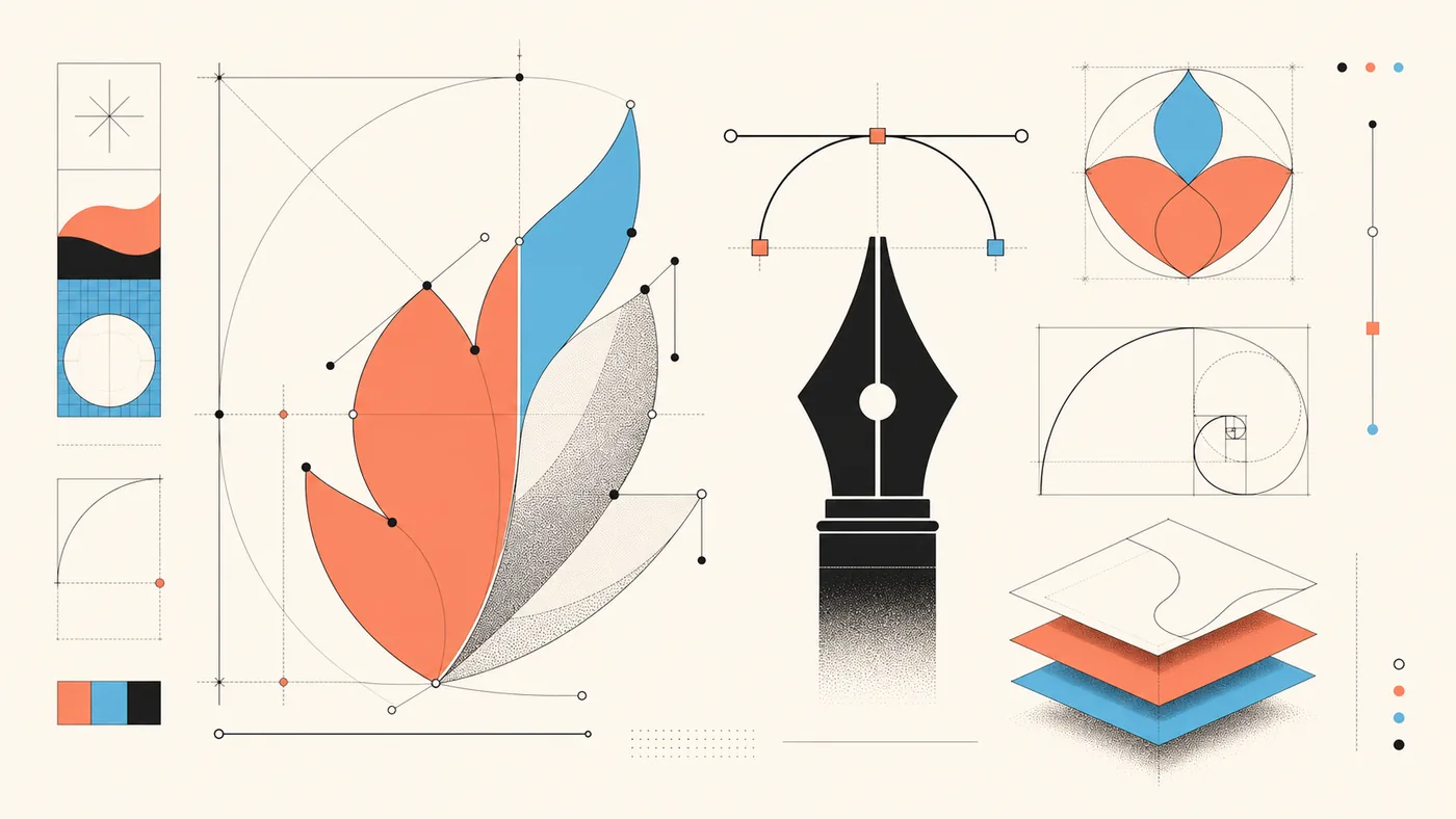 Illustration zu Adobe Illustrator: präzise Vektorformen und Kurven auf einem technischen Zeichenblatt