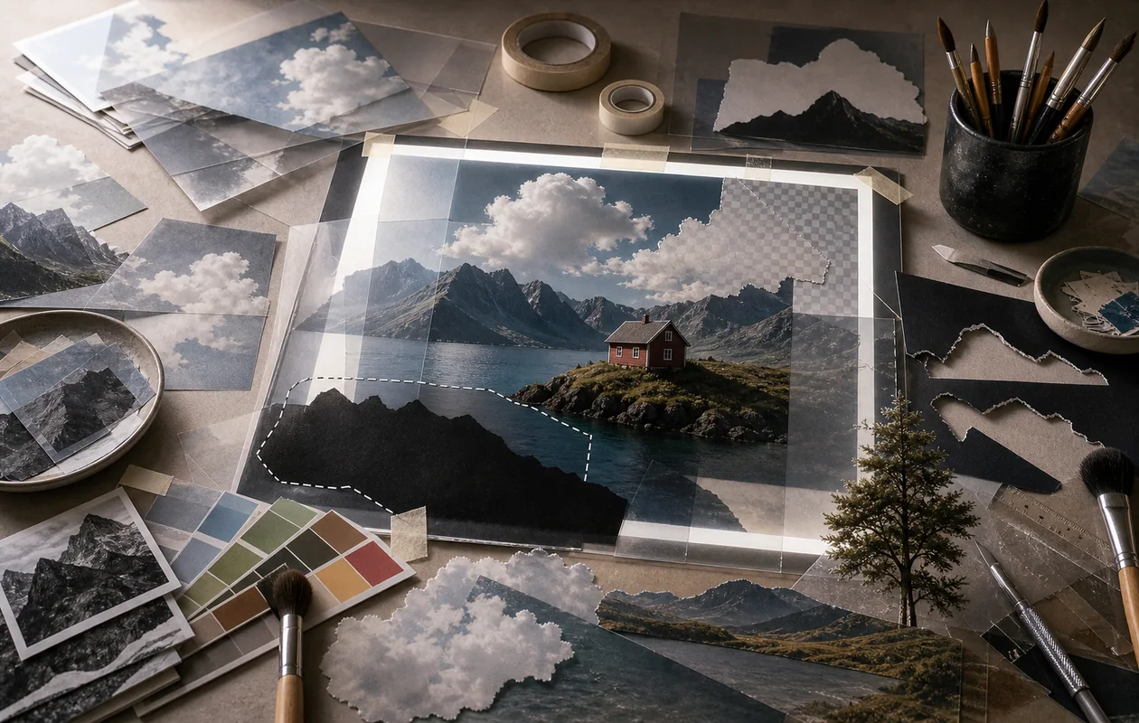Illustration for Adobe Photoshop: image layers, masks, and retouching materials form a composition