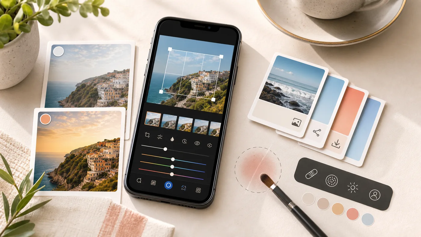 Illustration zu Adobe Photoshop Express: mobiles Fotostudio mit Zuschnitt, Retusche und Farbkorrektur