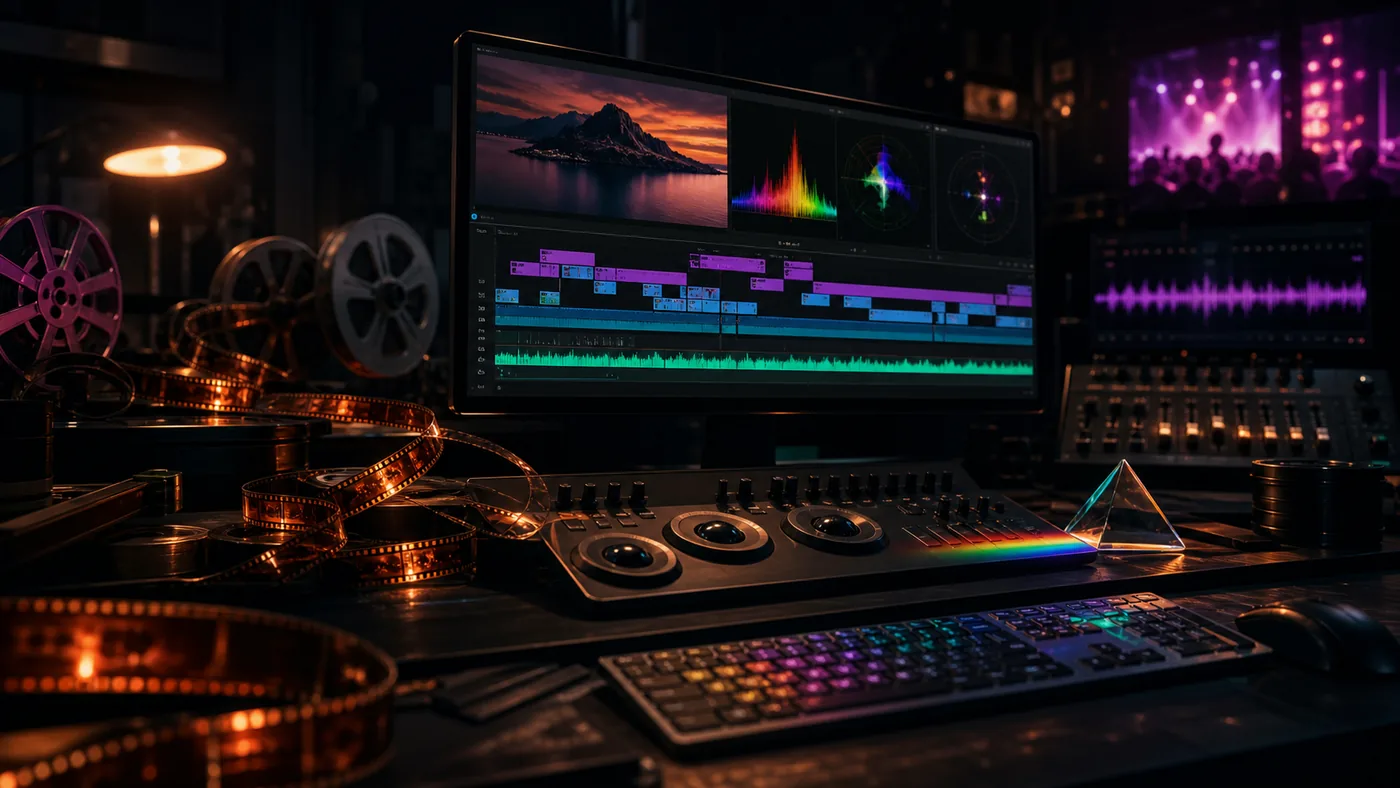 Illustration zu Adobe Premiere Pro: Schnittplatz mit Filmspuren, Tonwellen und Farbkorrekturlicht