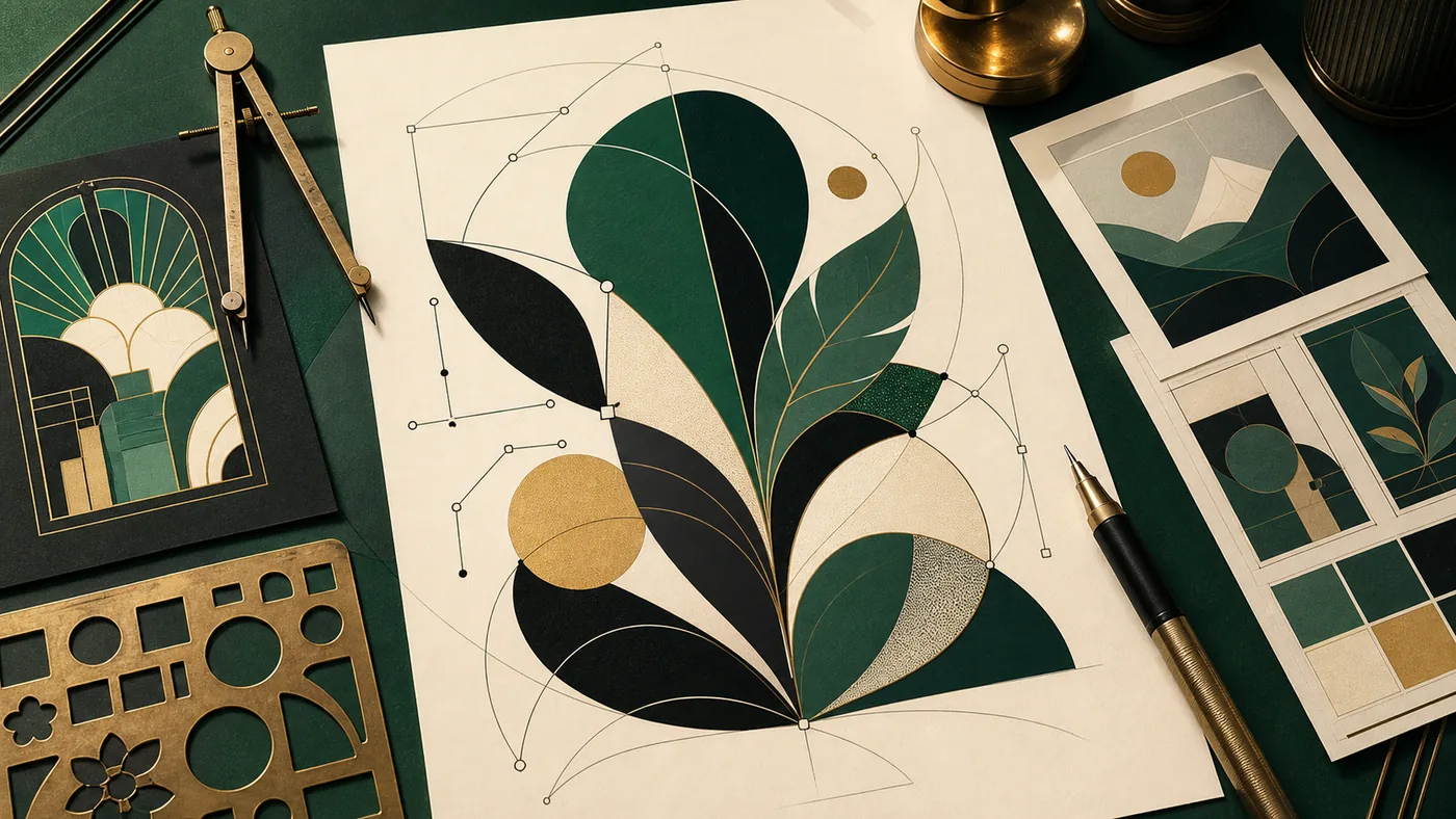 Illustration zu Affinity Designer: Kurven, Zirkel und Farbflächen auf einem eleganten Entwurfstisch