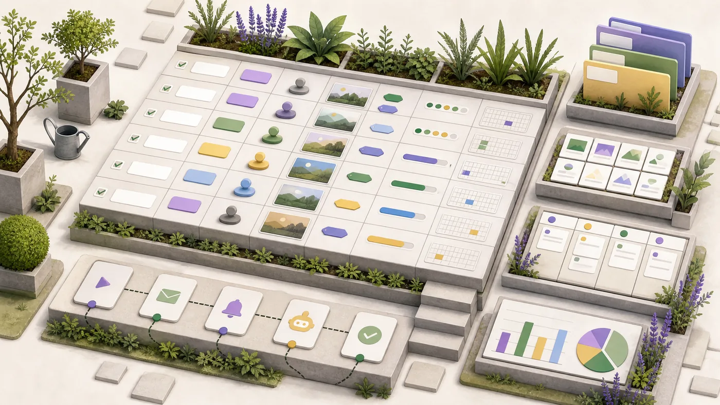 Illustration zu Airtable: Tabellenfelder und Datenansichten als gepflegter Datengarten