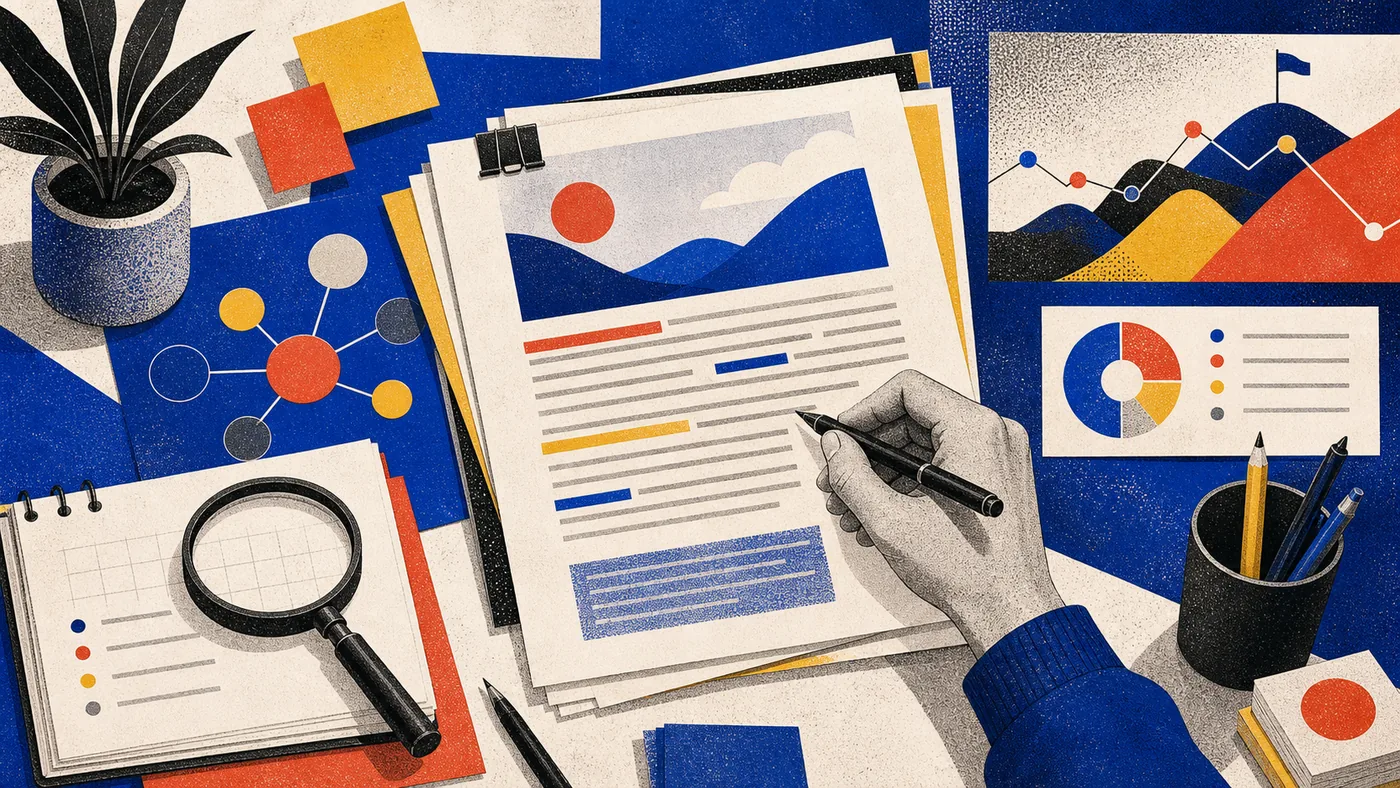 Illustration zu AISEO: SEO-Redaktion mit Content-Briefing, Keywords und Strukturkarten