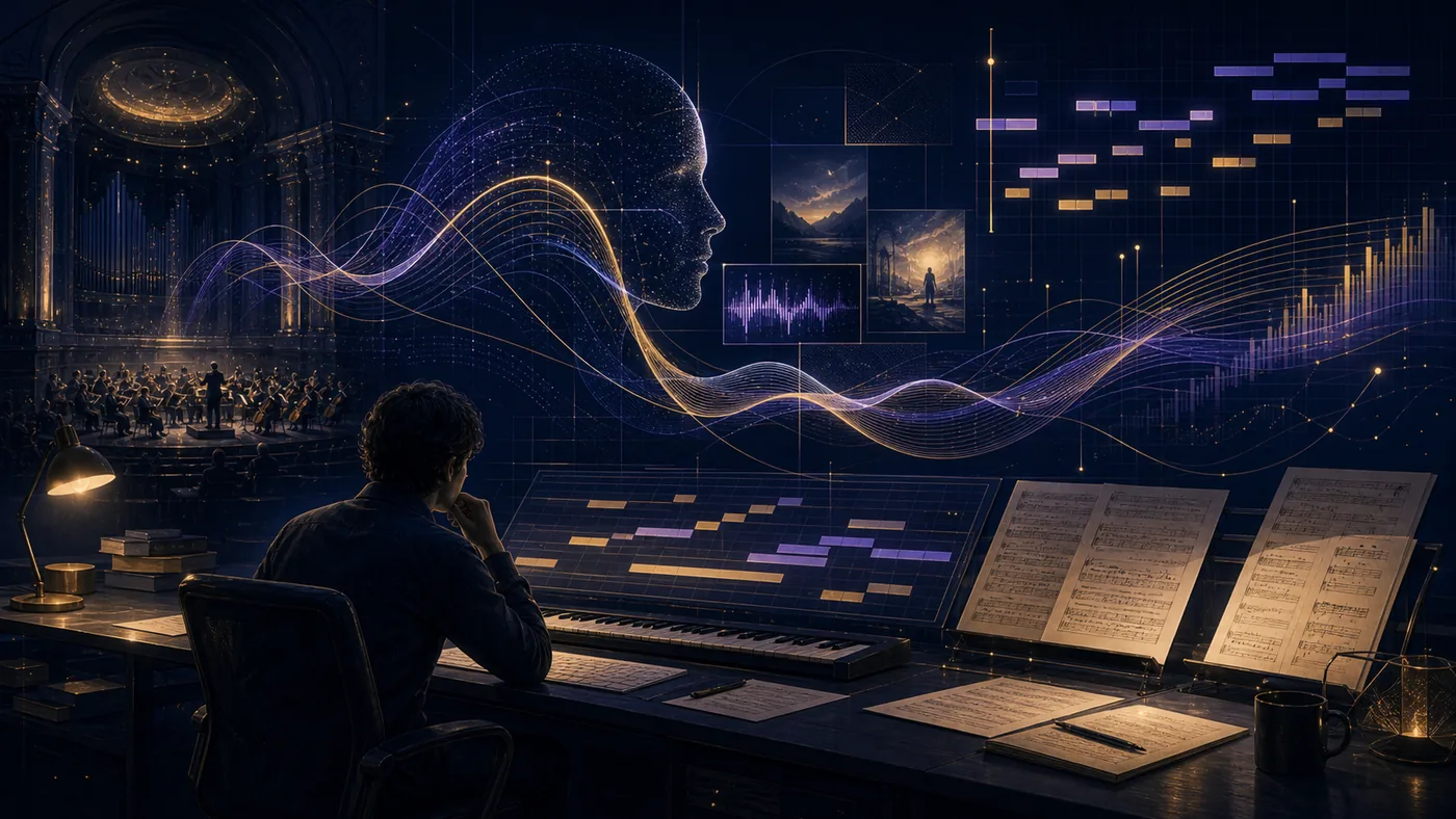Illustration zu AIVA: KI-Musikkomposition als Studio mit Partituren und Klangspuren