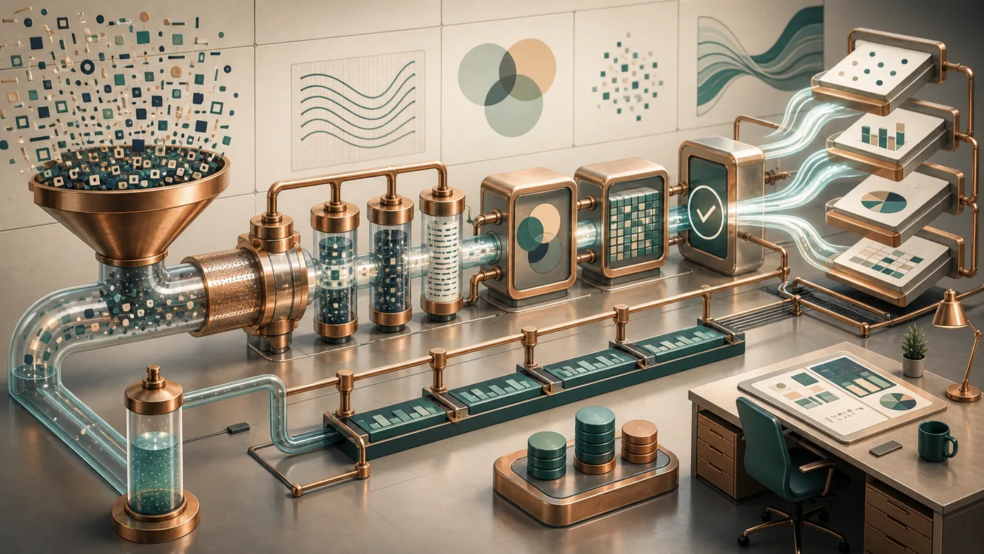 Illustration zu Alteryx: Datenströme werden in einer analytischen Werkstatt bereinigt