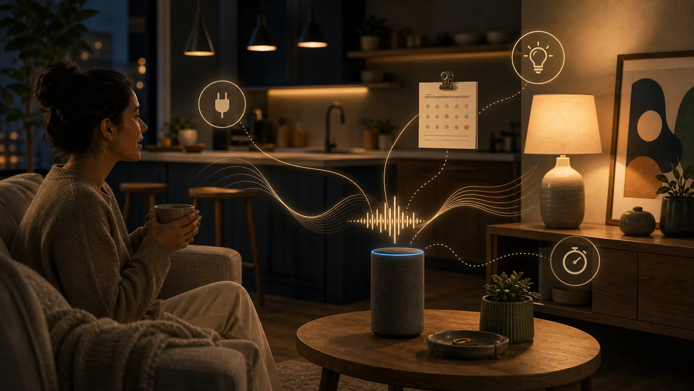 Illustration zu Amazon Alexa: Smart-Home-Sprachsteuerung mit Lichtwellen im Wohnraum