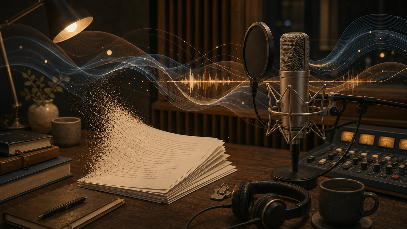 Illustration zu Amazon Polly: Text-to-Speech-Studio mit Mikrofon, Stimme und Klangwellen