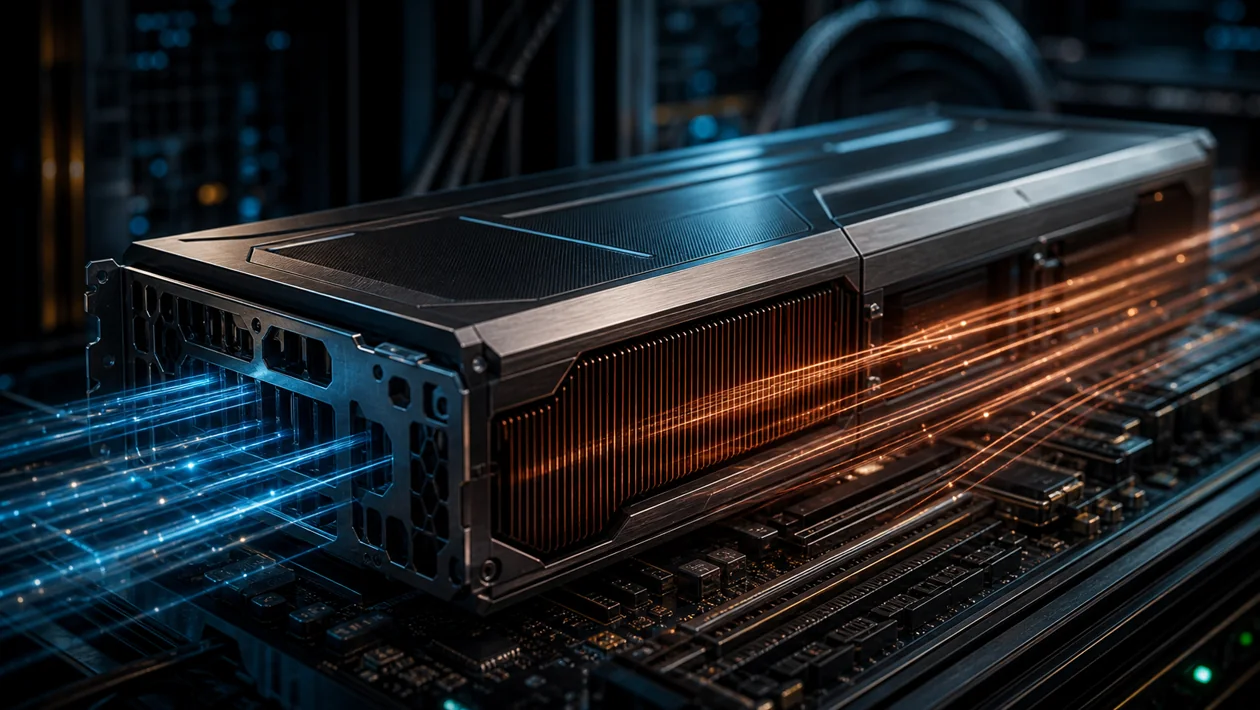 Illustration for AMD Instinct GPU: generic accelerator card with cooling fins and data light in a lab