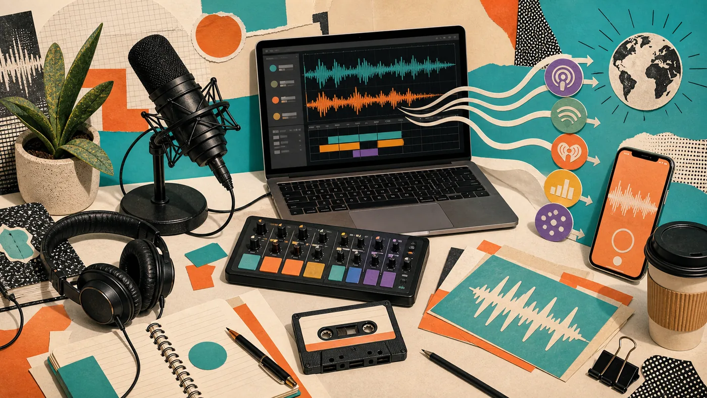 Illustration zu Anchor: Podcast-Produktion mit Mikrofon, Episodenkarten und Verteilung