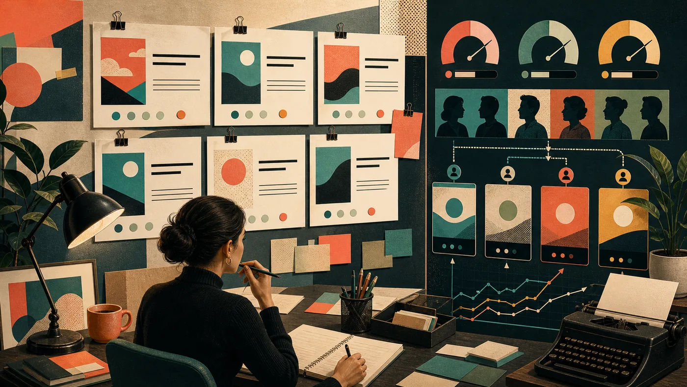 Illustration zu Anyword: Werbetext-Varianten als Kampagnenwand mit Testsignalen