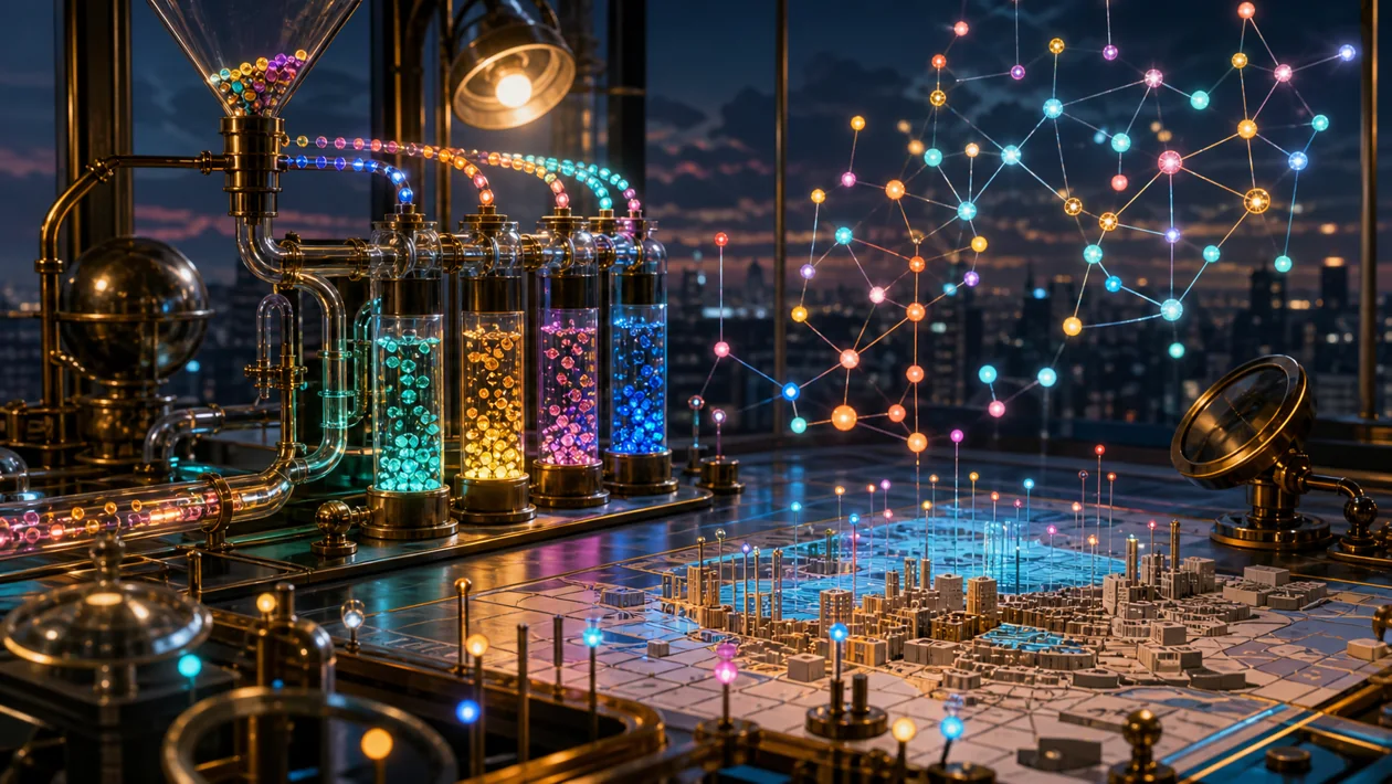 Illustration for Apache Druid: event beads flow into glass cylinders for real-time analytics