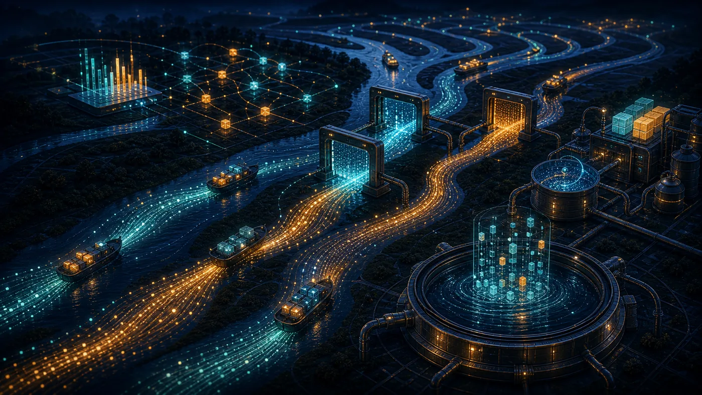 Illustration zu Apache Flink: Event-Streams als leuchtendes Flussdelta aus Daten