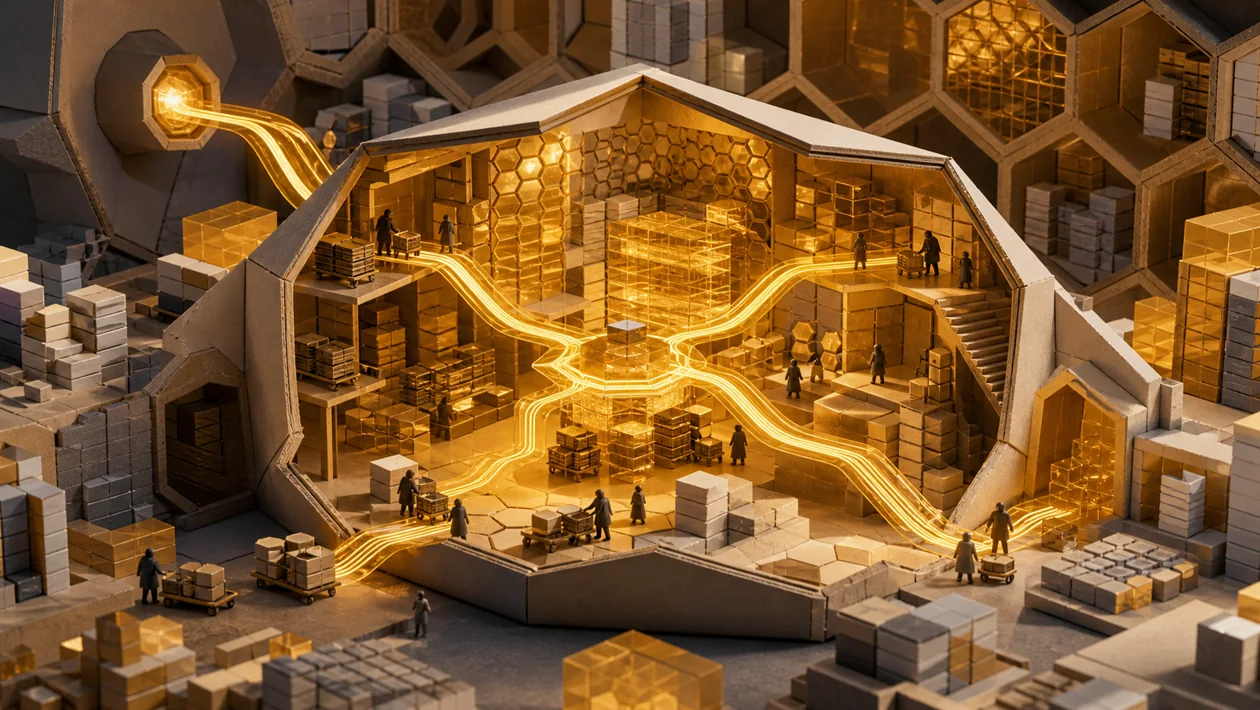 Illustration for Apache Hive: hexagonal data warehouse connects table chambers with query paths