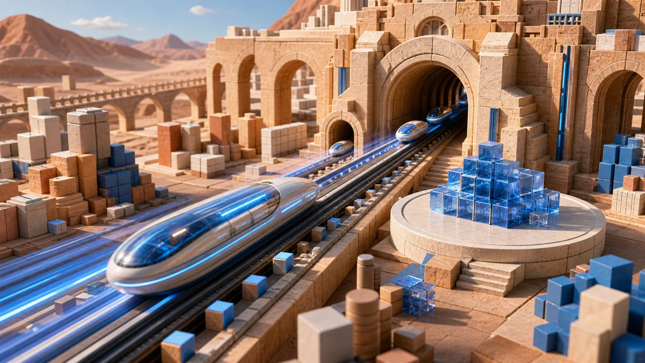 Illustration for Apache Impala: query capsules travel on high-speed rails through data arches
