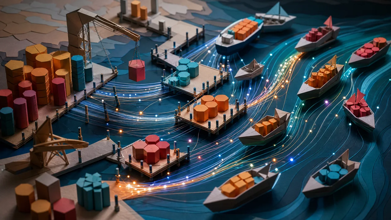 Illustration for Apache Kafka: message capsules travel between producer docks and consumer harbors