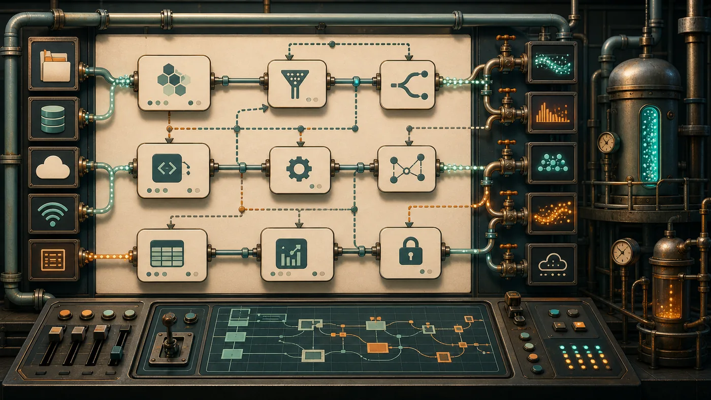Illustration for Apache NiFi: dataflow control room with pumps, nodes and conduits
