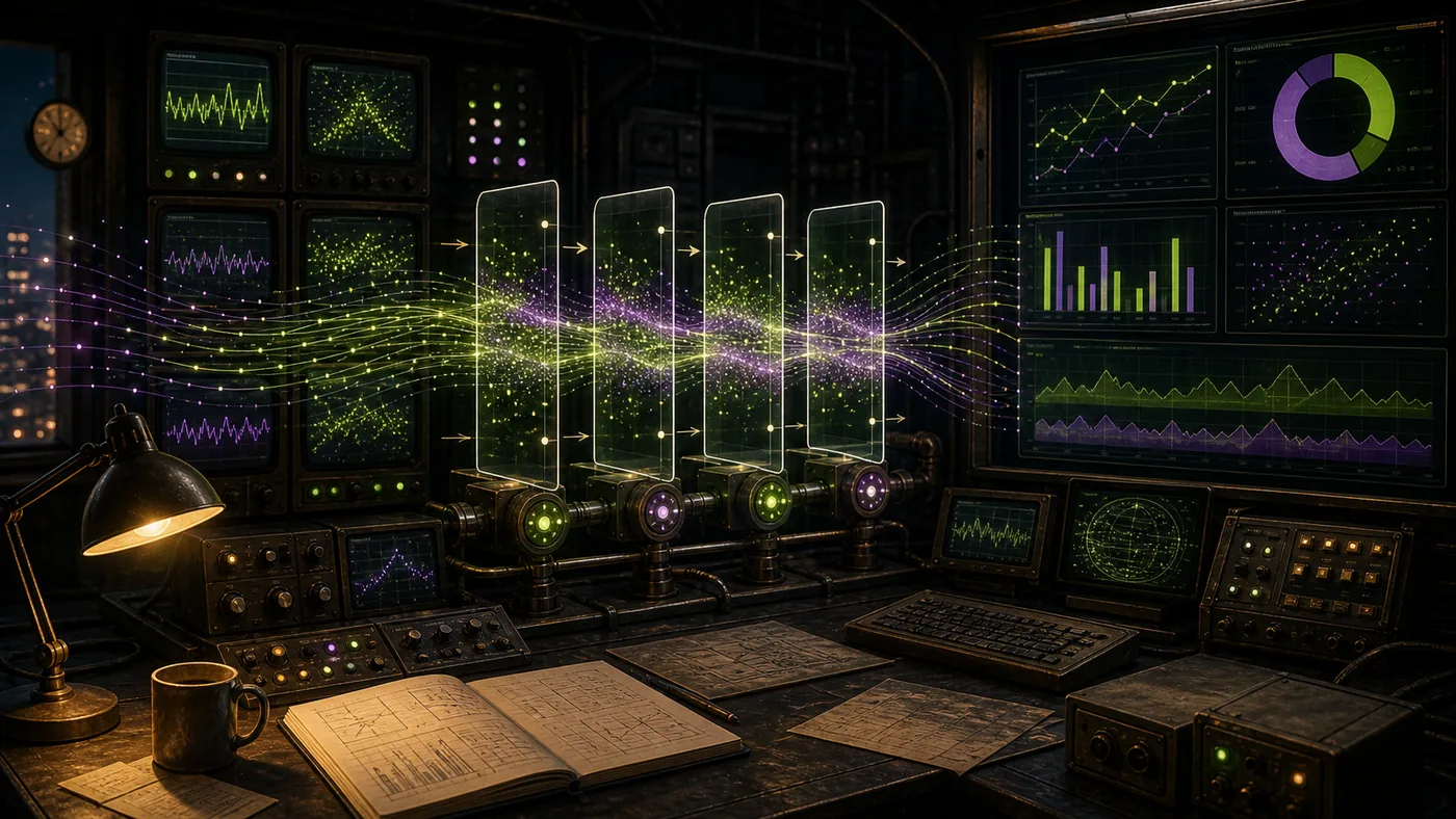 Illustration for Apache Spark Streaming: streaming data as a control room with live waves and windows